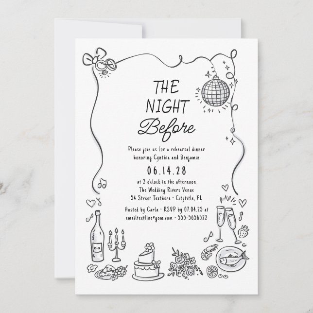 Hand Drawn Funky Retro Whimsical Rehearsal Dinner Invitation (Front)