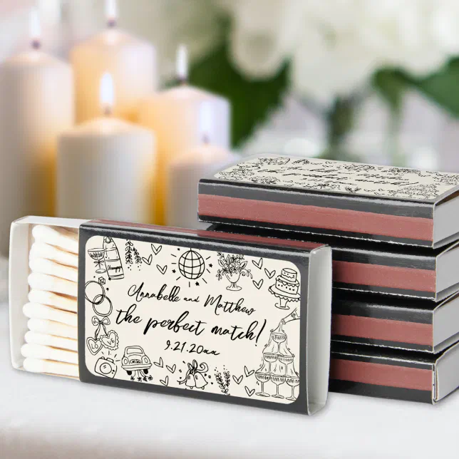 Hand Drawn Funky Vintage Whimsical Wedding Matchboxes | Zazzle