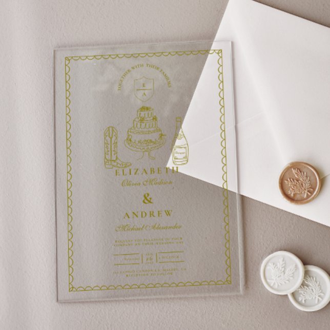 Hand Drawn Funky Western Doodle Wedding  Acrylic Invitations (Creator Uploaded)