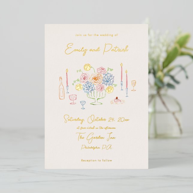 Hand drawn Funky Whimsical Pastel Wedding Foil Invitation (Standing Front)