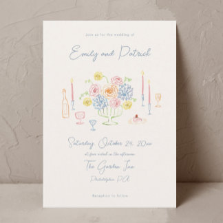 Hand drawn Funky Whimsical Pastel Wedding Invitation
