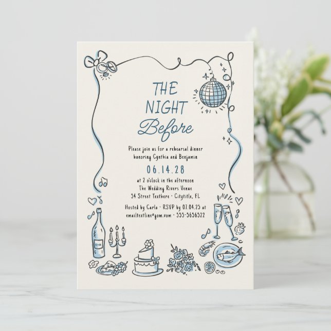 Hand Drawn Funky Whimsical Retro Rehearsal Dinner Invitation (Standing Front)