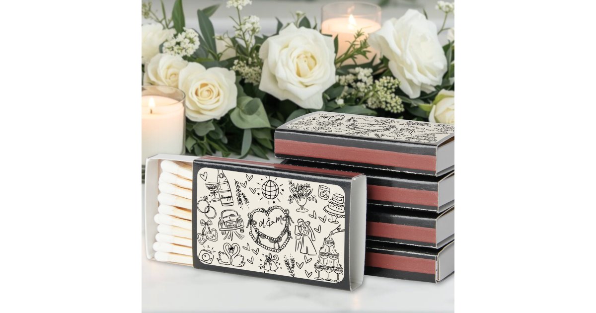 Hand Drawn Funky Whimsical Wedding Matchboxes | Zazzle