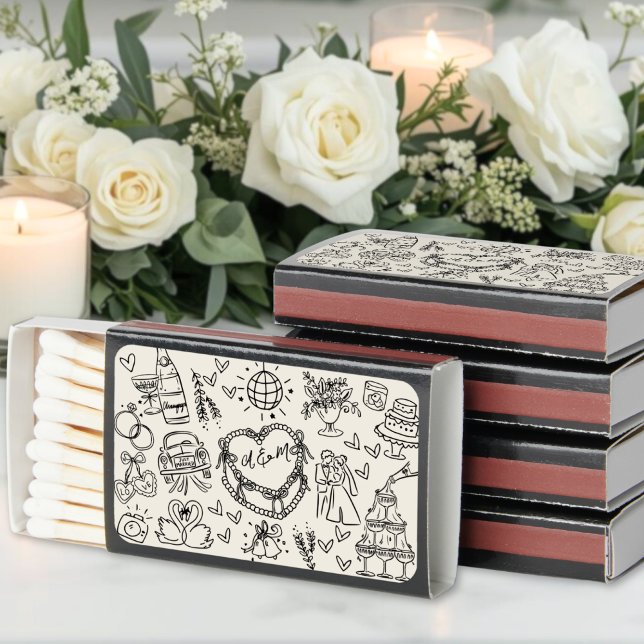 Hand Drawn Funky Whimsical Wedding Matchboxes (Hand Drawn Funky Whimsical Wedding Matchboxes)