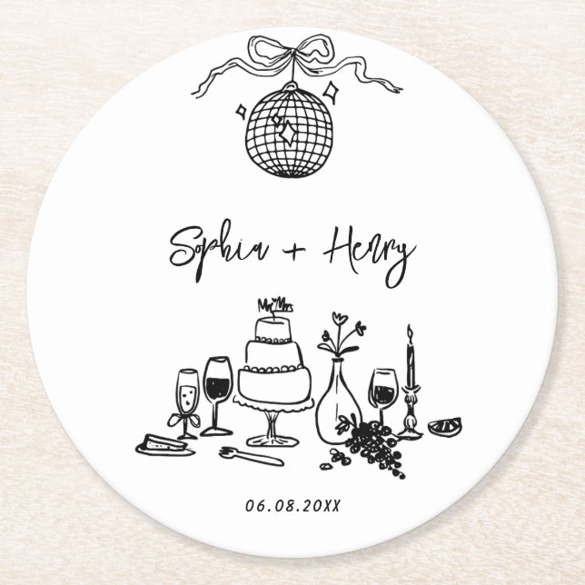 Hand drawn funky Whimsical  Wedding  Round Paper Coaster (Front)