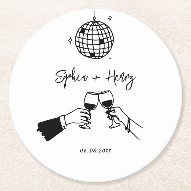 Hand drawn funky Whimsical  Wedding  Round Paper Coaster (Front)