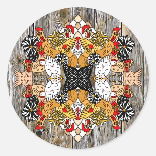 Hand drawn Funny Cartoon Chickens  Classic Round Sticker (Front)