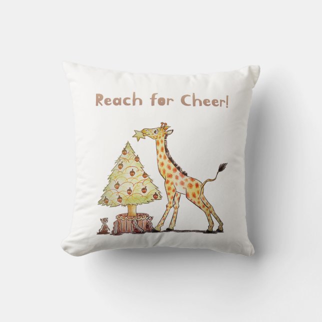Hand-Drawn Giraffe Christmas Tree Art Throw Pillow (Front)