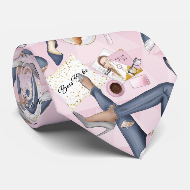 Hand Drawn Girl Boss Neck Tie (Rolled)