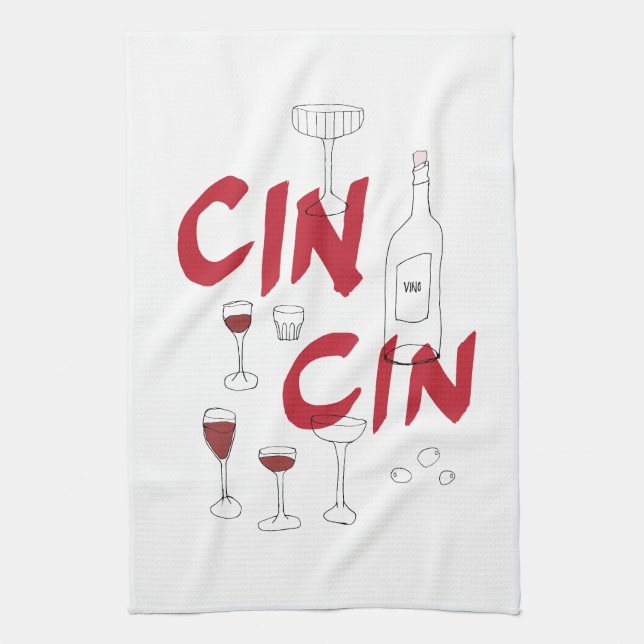 Hand-drawn glasses and bottle cin cin text kitchen towel (Vertical)
