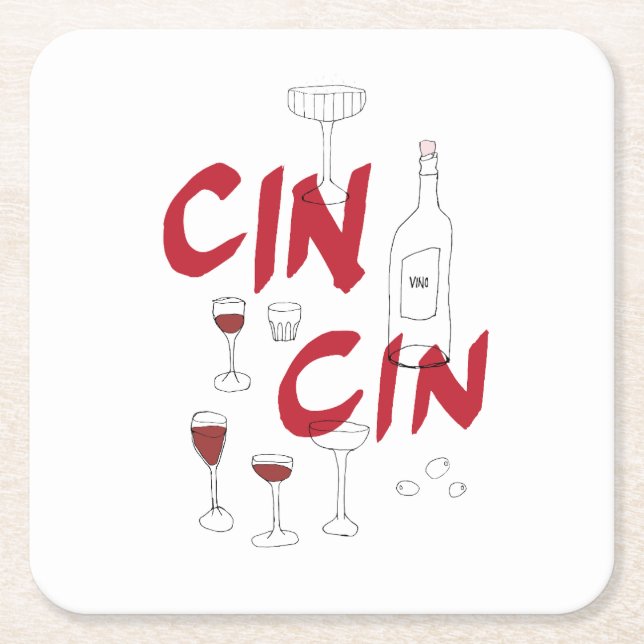 Hand-drawn glasses and bottle cin cin text square paper coaster (Front)