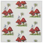 Hand Drawn Gnome Girl on Toadstools, Fantasy Art Fabric