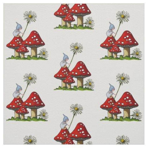 Hand Drawn Gnome Girl on Toadstools, Fantasy Art Fabric