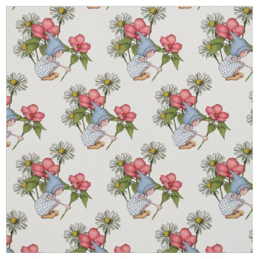 Hand Drawn Gnome Girl with Flowers, Fantasy Art Fabric