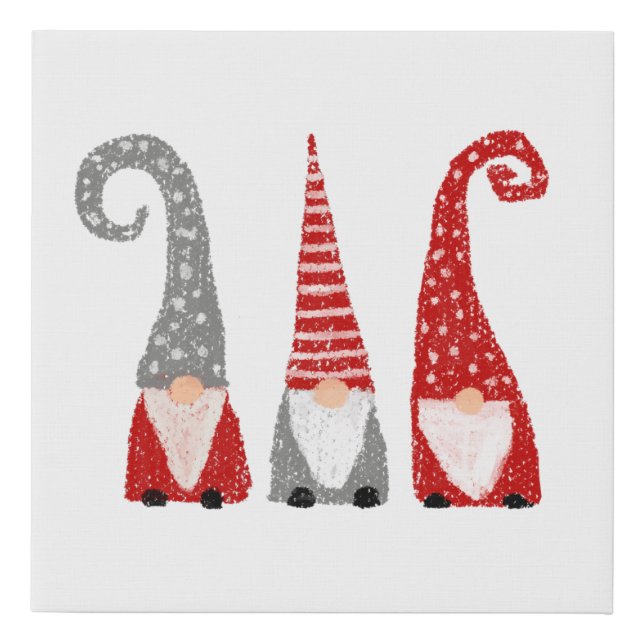 Hand Drawn Gnomes Christmas Scandinavian Red Gray Faux Canvas Print (Front)