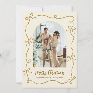 Hand Drawn Gold Bows Arch Photo Merry Christmas Holiday Card