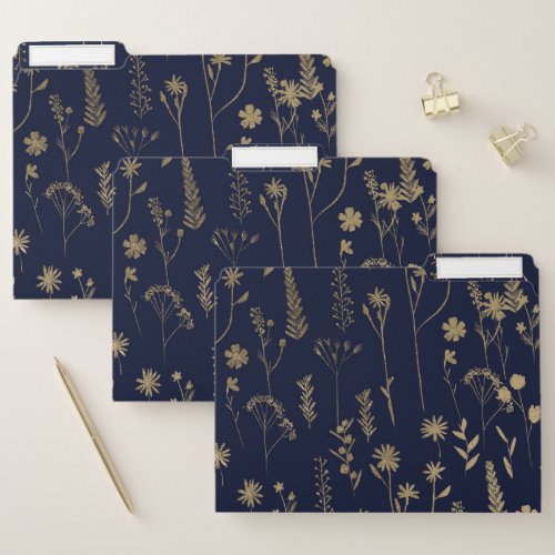Hand drawn gold cute dried pressed flowers pattern file folder