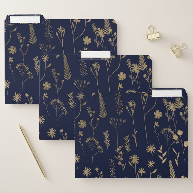 Hand drawn gold cute dried pressed flowers pattern file folder (Set)