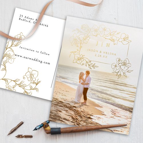 Hand Drawn Gold Floral Save the Date Foil Invitation Postcard
