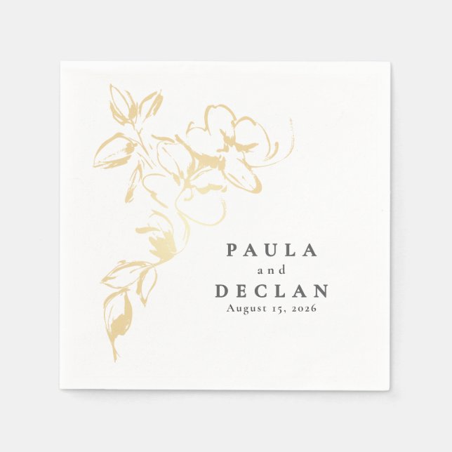 Hand-drawn Gold Flowers Elegant Minimalist Wedding Napkins (Front)