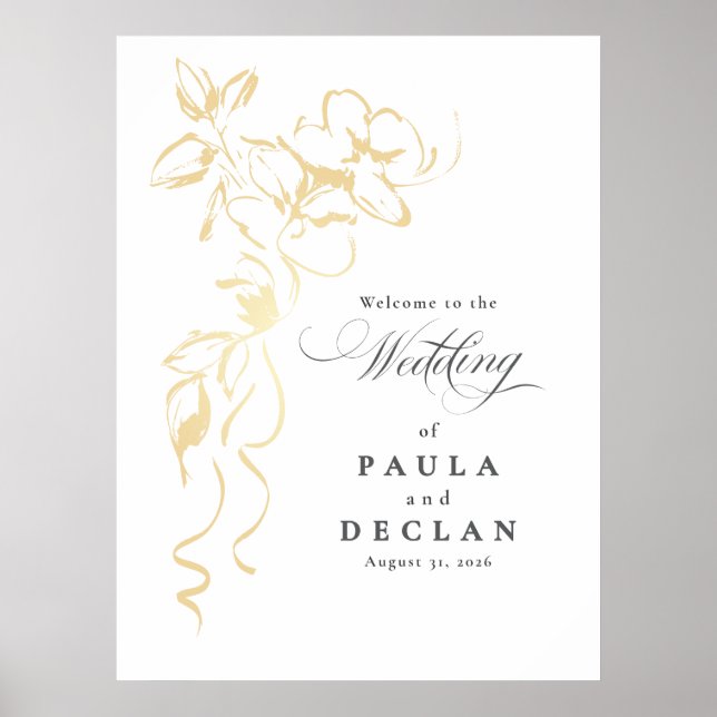 Hand-drawn Gold Flowers Wedding Welcome Sign (Front)