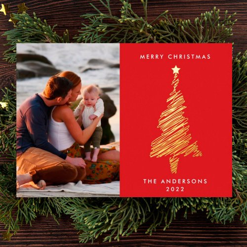 Hand Drawn Gold Line Red Christmas Tree  Photo Foil Holiday Card