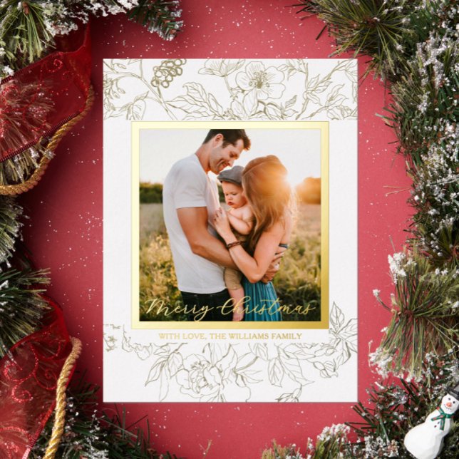 Hand Drawn Gold & White Floral Merry Christmas Foil Holiday Card (Hand drawn floral Christmas Holiday Photo card with gold foil wildflowers with white background)