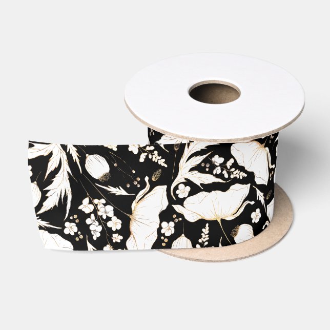 Hand-drawn Gold Wildflowers Elegant Black Satin Ribbon (Spool)