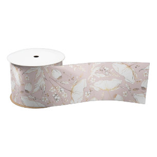 Hand-drawn Gold Wildflowers Elegant Dusty Pink Satin Ribbon