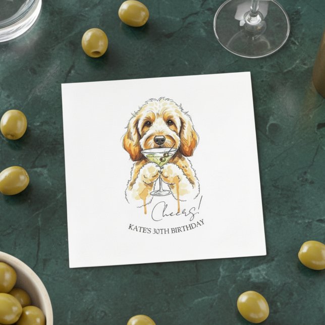 Hand Drawn Golden Doodle Dirty Martini Cocktail Napkins (Celebrate with this custom hand drawn golden doodle martini cocktail napkin!)