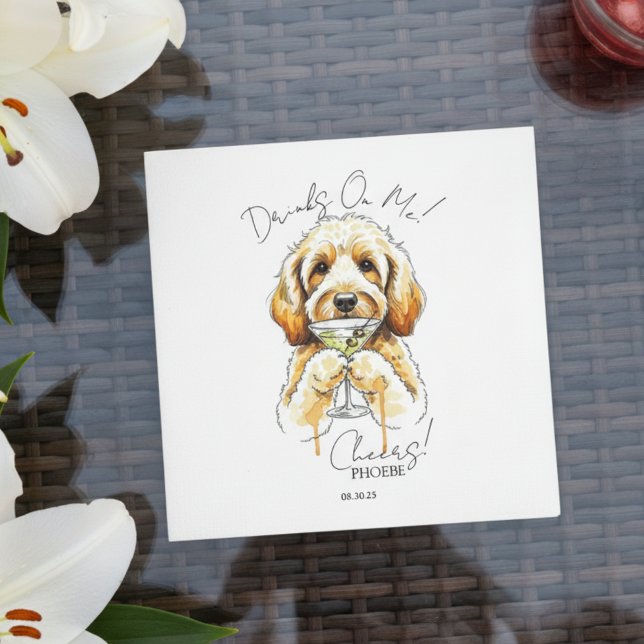 Hand Drawn Golden Doodle Martini Open Bar Cocktail Napkins (Toast your pet with this custom hand drawn golden doodle martini cocktail napkin!)