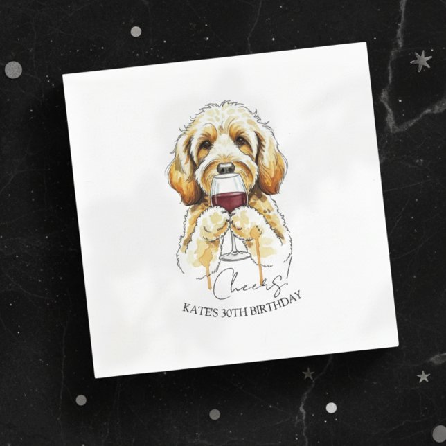 Hand Drawn Golden Doodle Red Wine Glass Napkins (Celebrate the occasion with this custom hand drawn golden doodle red wine glass napkin!)