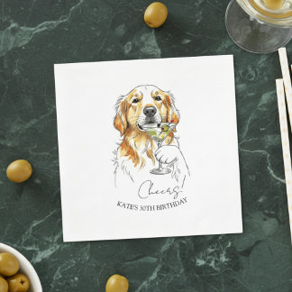 Hand Drawn Golden Retriever Dirty Martini Cocktail Napkins