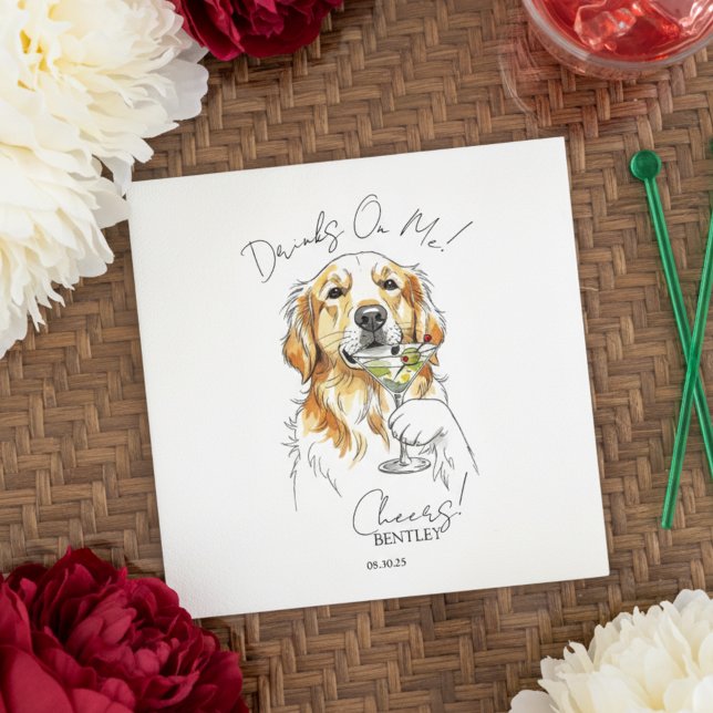 Hand Drawn Golden Retriever Martini Open Bar Napkins (Toast your pet with this custom hand drawn golden retriever martini cocktail napkin!)