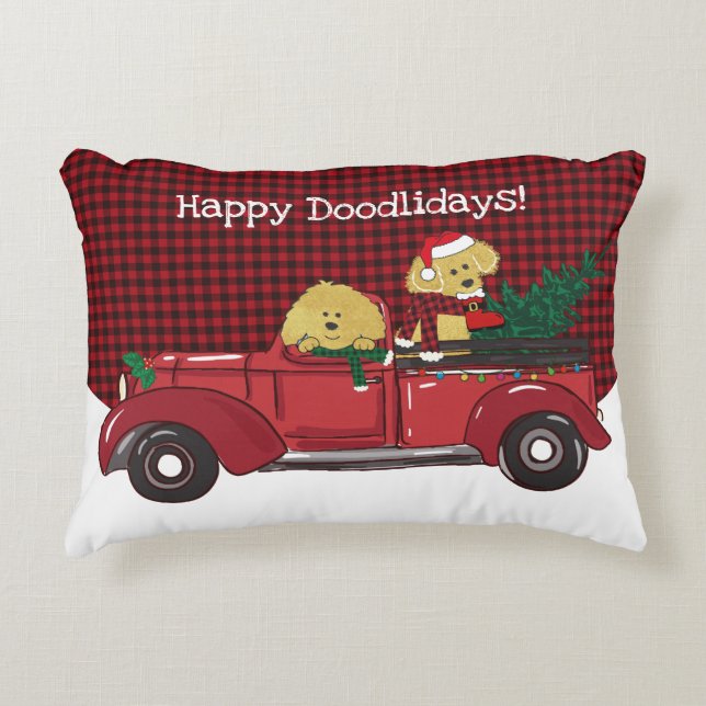 Hand Drawn Goldendoodles Red Christmas Truck Accent Pillow (Front)