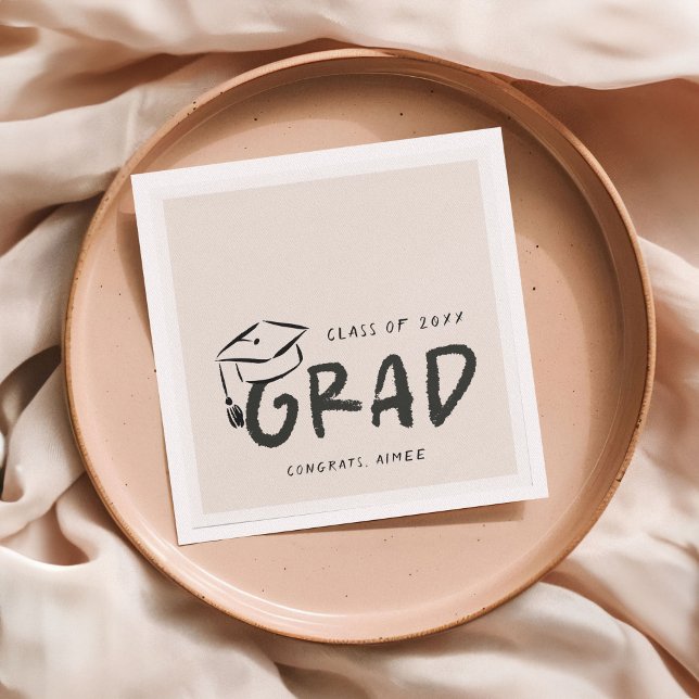 Hand-Drawn Graduation Cap Doodle Handwritten  Napkins (grad party napkins with bold handwritten text and hand-drawn doodle graduation cap)