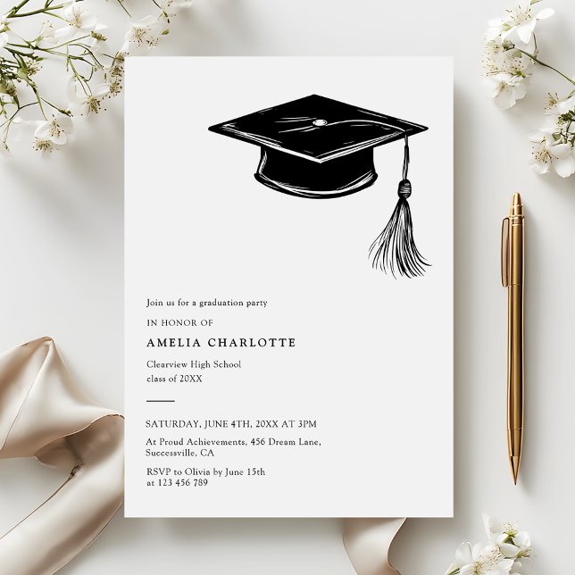 Hand Drawn Graduation Cap Modern Grad Party Invitation (Creator Uploaded)