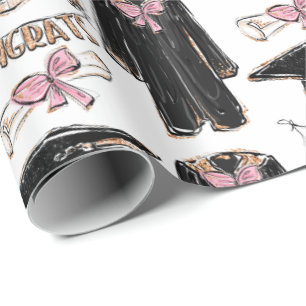Hand-Drawn Graduation Gown Pink Bow Graduation Wrapping Paper