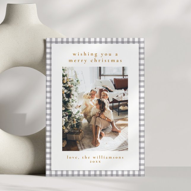 Hand Drawn Gray Gingham Family Christmas Photo Holiday Card (Creator Uploaded)