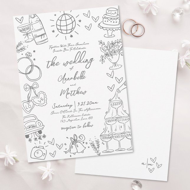 Hand Drawn Gray Whimsical Wedding Invitation (Hand Drawn Gray Whimsical Wedding Invitation)