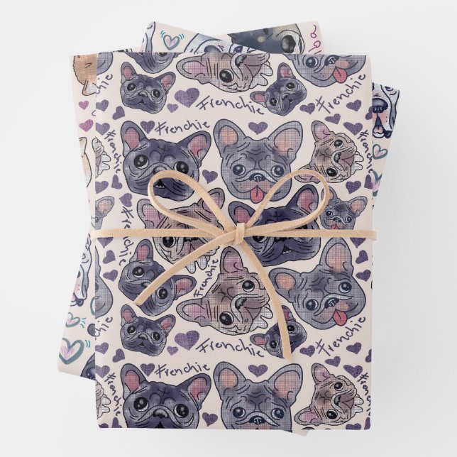 Hand drawn Great Dane, French Bulldog, Shiba Inu Wrapping Paper Sheets (In situ)