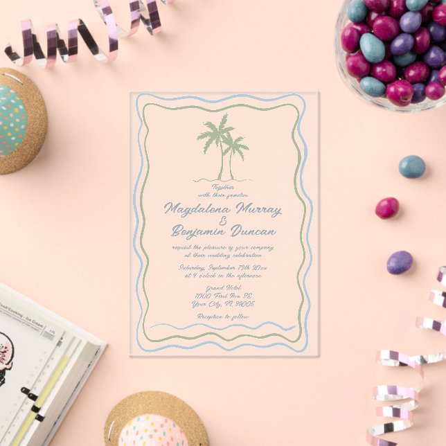 Hand Drawn Green Blue Wavy Frame Palm Tree Wedding Acrylic Invitations (Insitu (Celebration))