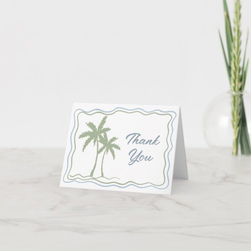 Hand Drawn Green Blue Wavy Frame Palm Tree Wedding Thank You Card