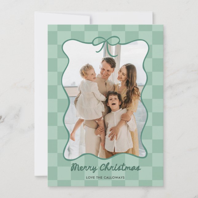 Hand Drawn Green Bow Frame Checkered Photo Holiday Card (Front)