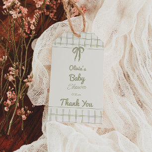 Hand Drawn Green Bow Gingham Neutral Baby Shower Gift Tags