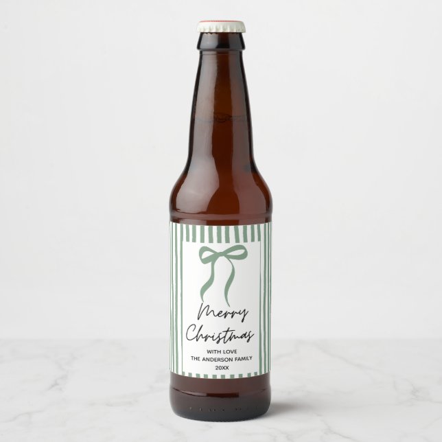 Hand drawn green Bow Merry Christmas Beer Bottle Label (Front)