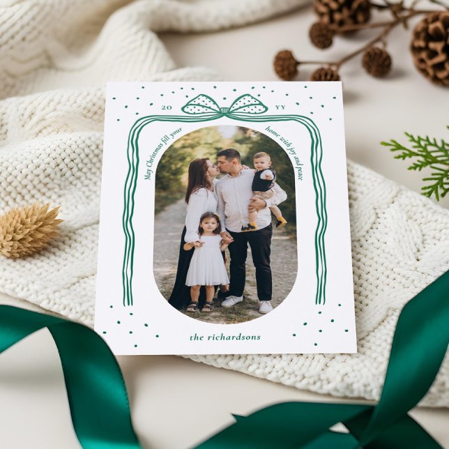 Hand Drawn Green Bow Ribbon Arch Photo Christmas  Letterpress Photo Cards (Hand Drawn Green Bow Ribbon Arch Photo Christmas Letterpress Photo Cards)