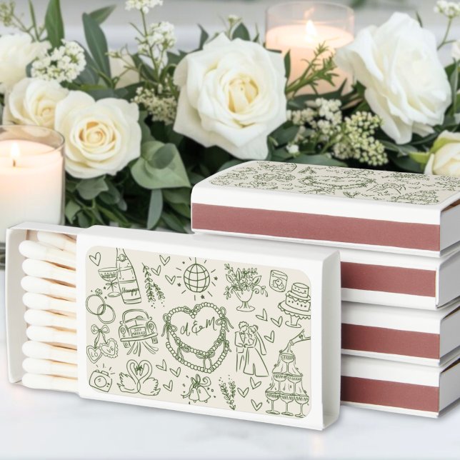 Hand Drawn Green Funky Wedding Matchboxes (Hand Drawn Green Funky Wedding Matchboxes)