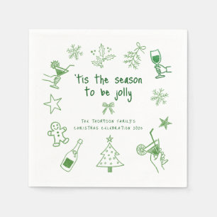 Hand Drawn Green Glitter Doodles Christmas Party Napkins