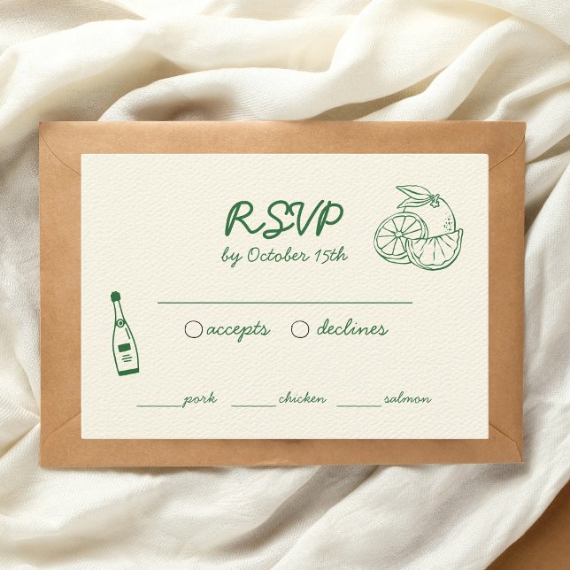 Hand Drawn Green Illustration Vintage French RSVP Card (RSVP Wedding cards, hand illustrated, drawing, green)